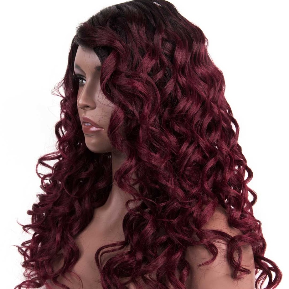 22" Dark Black Roots Burgundy Curly Wig | Diana - Picture 2 of 5
